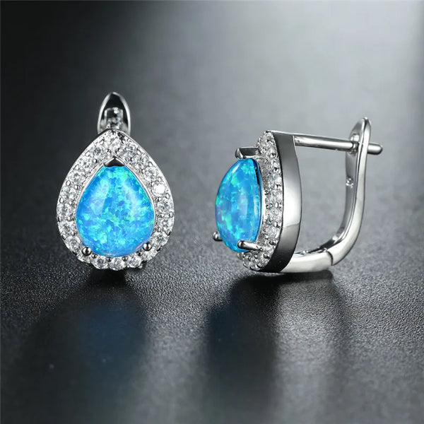 Silver-Tone Blue Simulated Opal Teardrop Crystal Halo Huggie Hoop Earrings