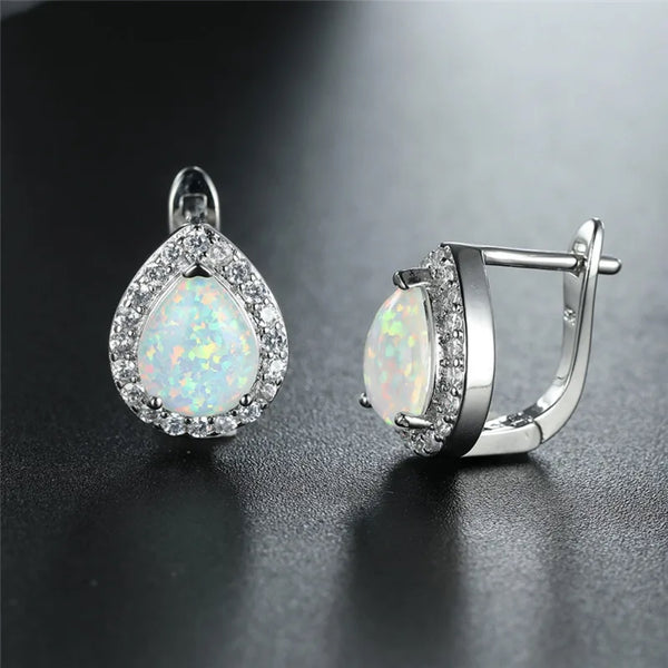 Silver-Tone Teardrop White Simulated Opal Crystal Halo Huggie Earrings