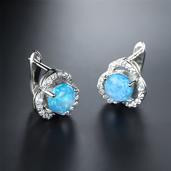 Silver-Tone Round Blue Simulated Opal Crystal Swirl Huggie Earrings