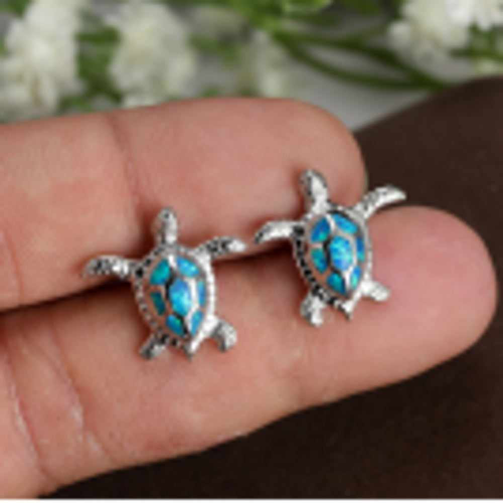 Silver-Tone Blue Simulated Opal Stud Earrings
