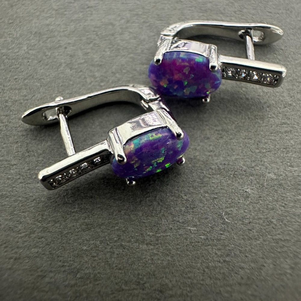Silver-Tone Purple Simulated Opal Oval Crystal Bar Huggie Earrings