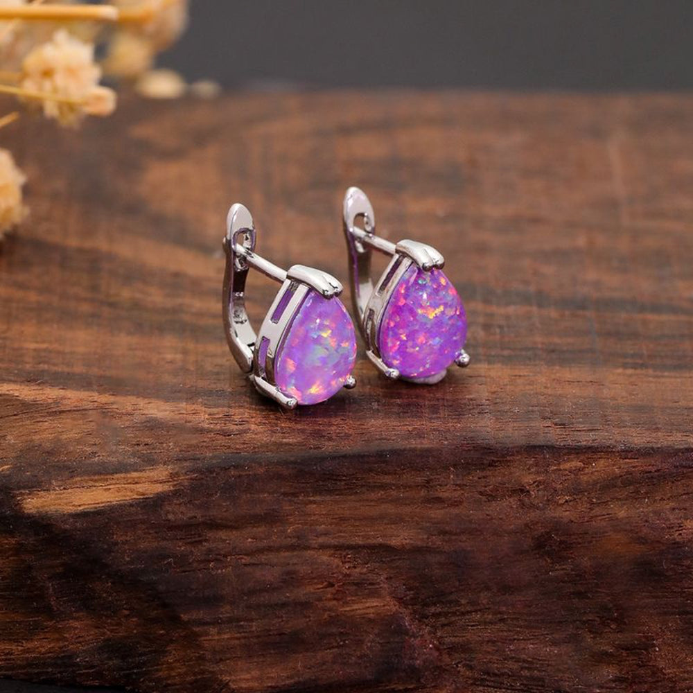 Silver-Tone Iridescent Purple Simulated Opal Teardrop Huggie Earrings