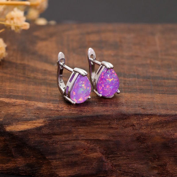 Silver-Tone Iridescent Purple Simulated Opal Teardrop Huggie Earrings