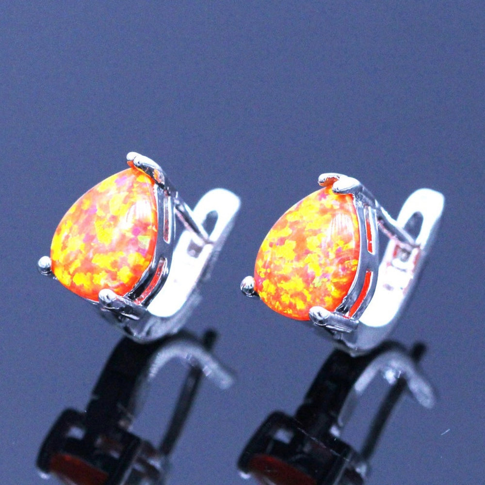 Silver-Tone Iridescent Orange Simulated Opal Huggie Earrings