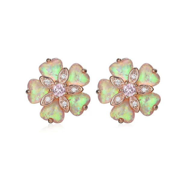 Rose Gold-Tone Pink Simulated Opal Cherry Blossom Stud Earrings