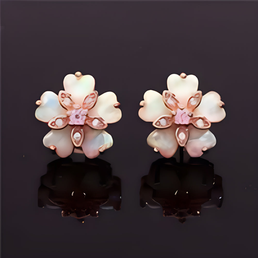 Rose Gold-Tone White Simulated Opal Cherry Blossom Stud Earrings