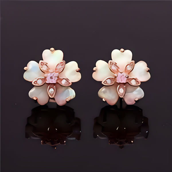 Rose Gold-Tone White Simulated Opal Cherry Blossom Stud Earrings