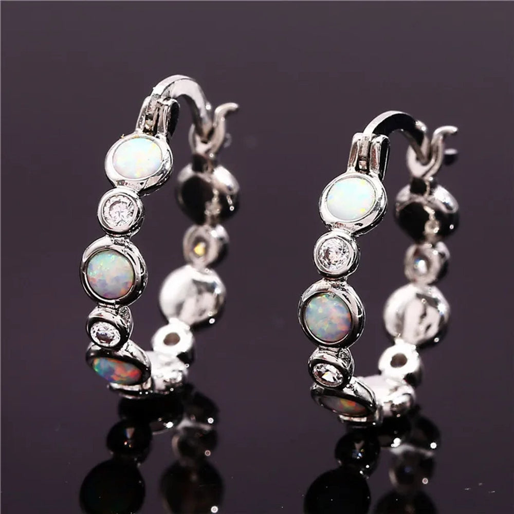 Silver-Tone White Round Simulated Opal Circle Huggie Earrings