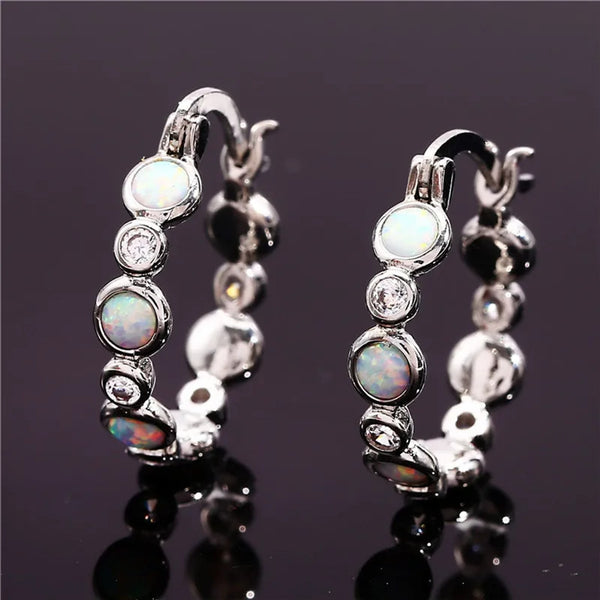Silver-Tone White Round Simulated Opal Circle Huggie Earrings