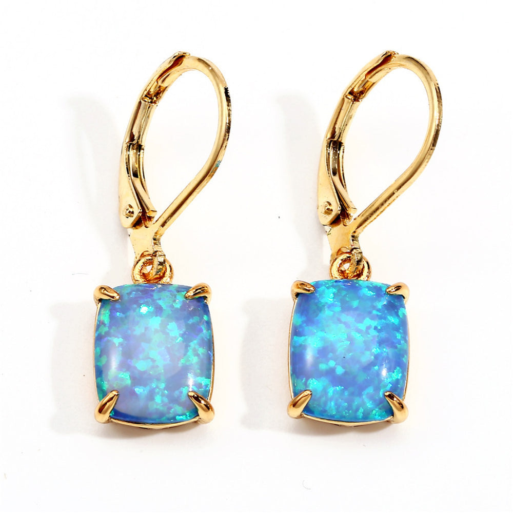 Gold-Tone Rectangular Blue Simulated Opal Four-Prong Drop Earrings