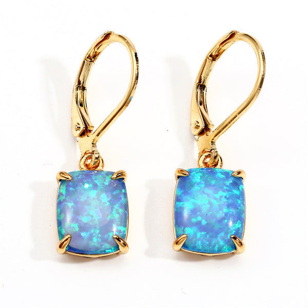 Gold-Tone Rectangular Blue Simulated Opal Four-Prong Drop Earrings