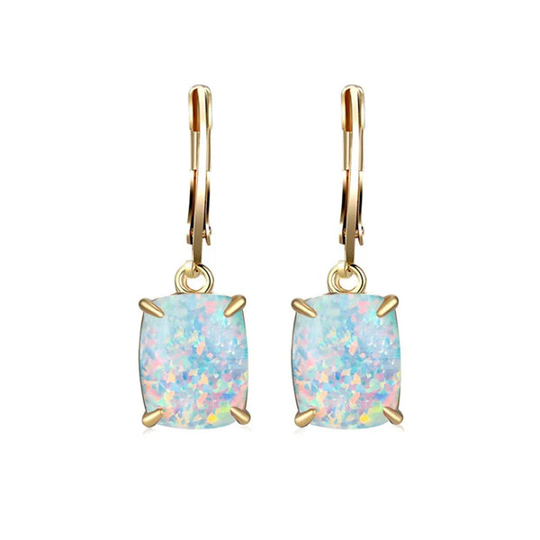 Gold-Tone Four-Prong White Baguette Simulated Opal Huggie Earrings