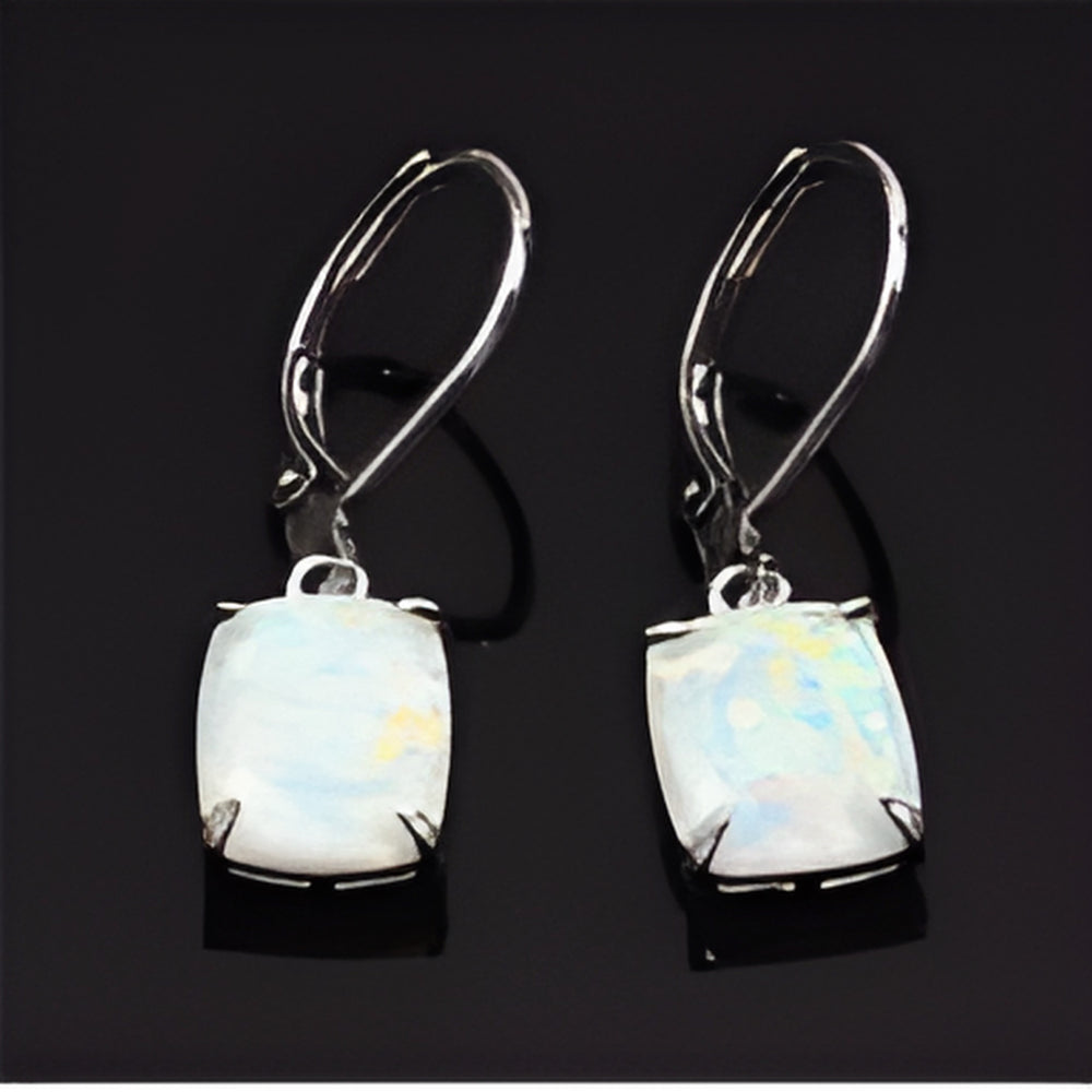 Silver-Tone Rectangular White Simulated Opal Lever-Back Huggie Earrings