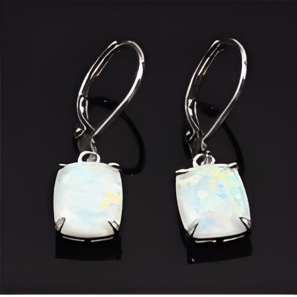 Silver-Tone Rectangular White Simulated Opal Lever-Back Huggie Earrings