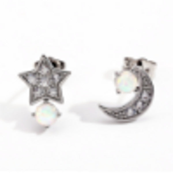 Silver-Tone Asymmetric White Simulated Opal Stud Earrings