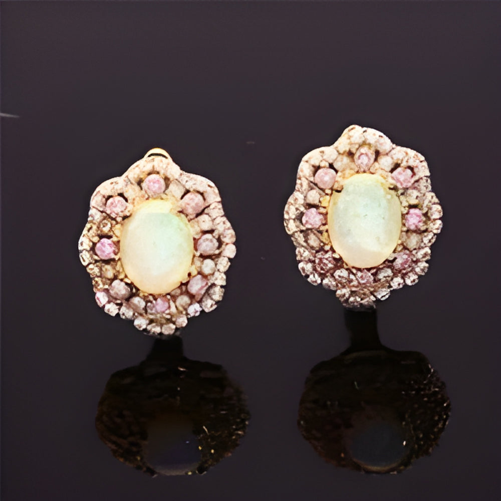 Gold-Tone Oval White Simulated Opal Pink Crystal Halo Stud Earrings