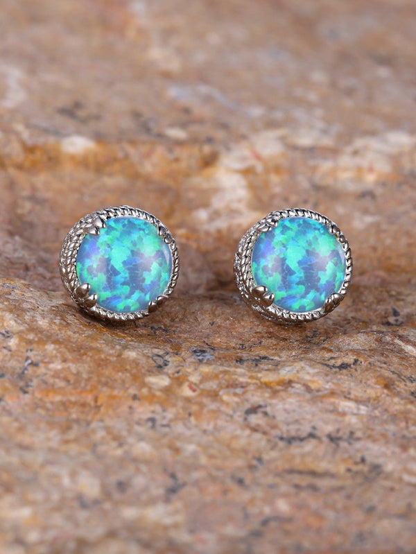 Silver-Tone Round Blue Simulated Opal Vintage Rope Bezel Stud Earrings