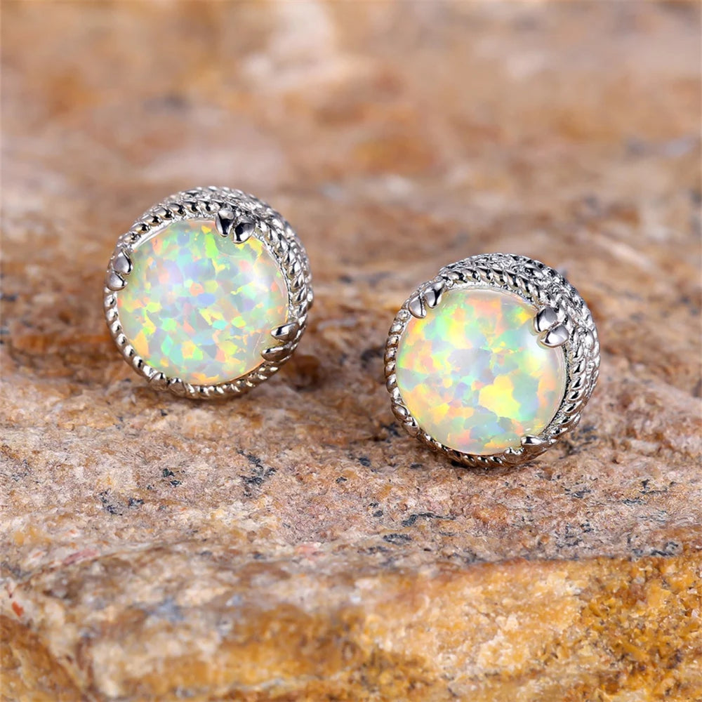 Silver-Tone White Simulated Opal Round Braided Bezel Vintage Stud Earrings