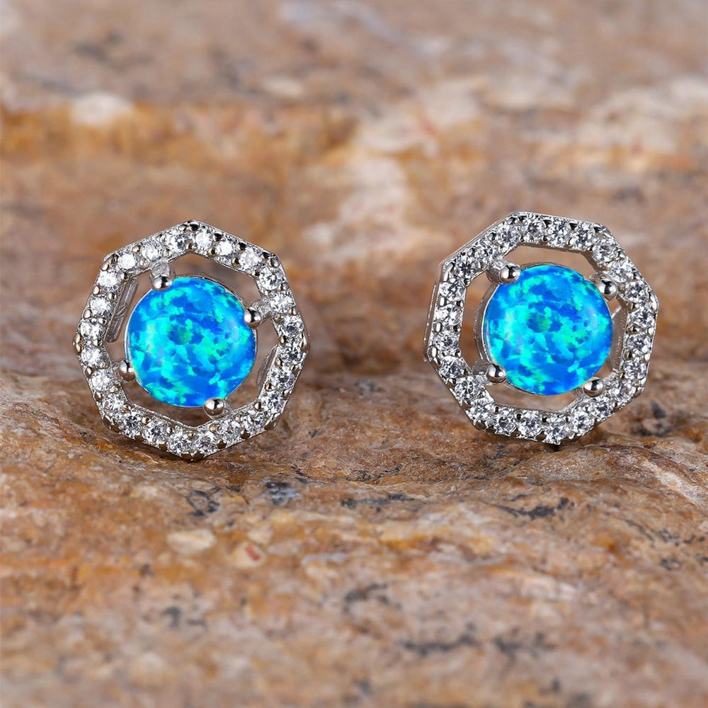 Silver-Tone Blue Round Simulated Opal Stud Earrings