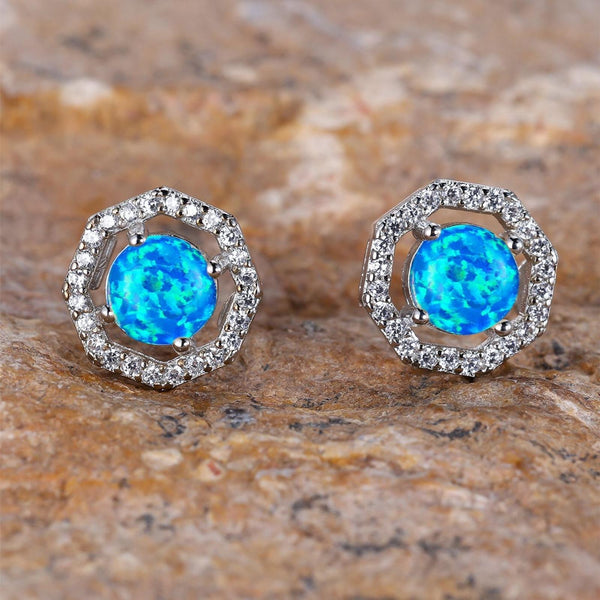 Silver-Tone Blue Round Simulated Opal Stud Earrings
