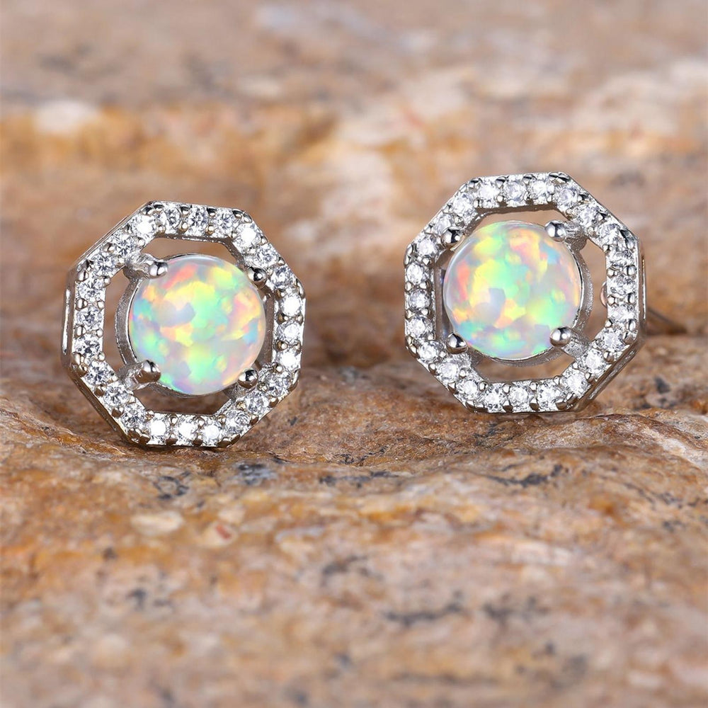 Silver-Tone White Round Simulated Opal Stud Earrings