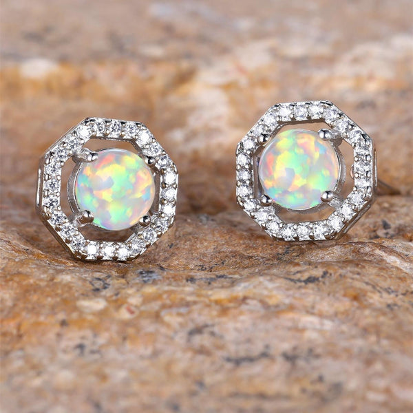 Silver-Tone White Round Simulated Opal Stud Earrings