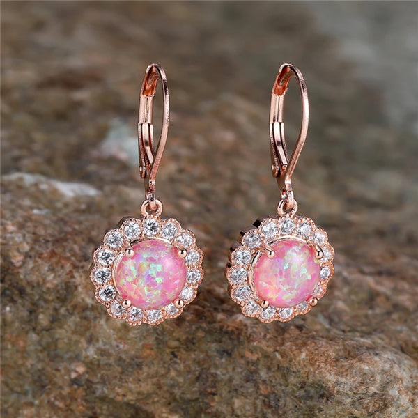 Rose Gold-Tone Light Purple Simulated Opal Crystal Halo Drop Earrings