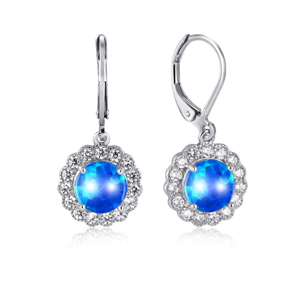 Silver-Tone Blue Simulated Opal Round Scalloped Crystal Halo Drop Earrings