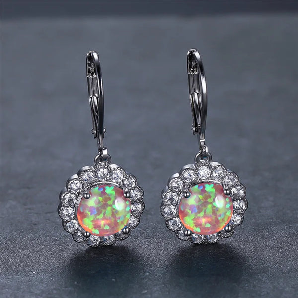 Silver-Tone Multicolor Simulated Opal Round Scalloped Crystal Halo Drop Earrings