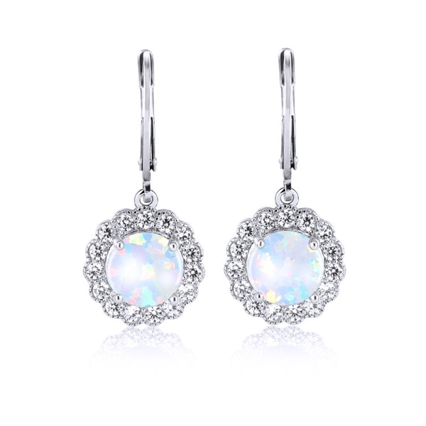Silver-Tone White Simulated Opal Round Scalloped Crystal Halo Drop Earrings
