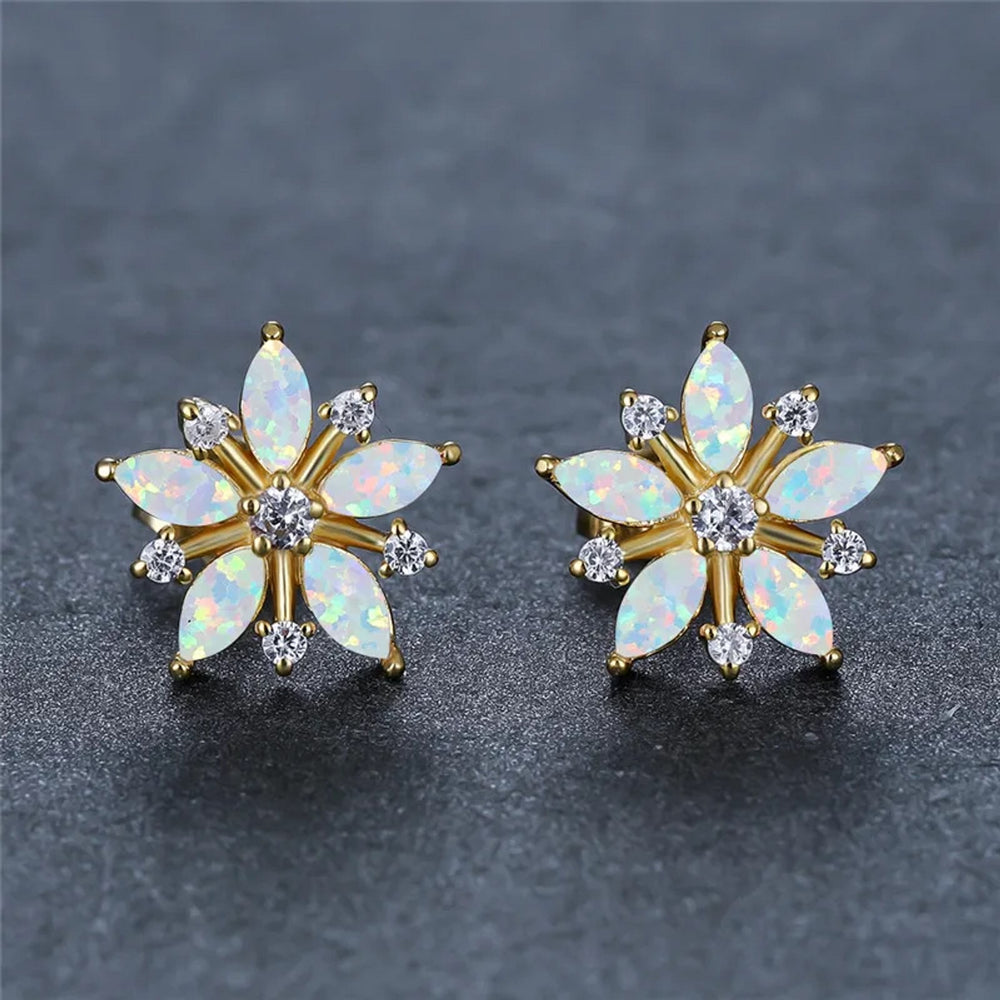 Gold-Tone White Simulated Opal Ice-Flower Stud Earrings
