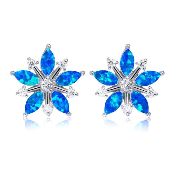 Silver-Tone Blue Simulated Opal Ice-Flower Stud Earrings