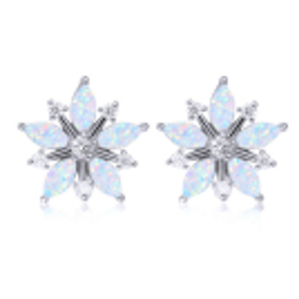 Silver-Tone White Simulated Opal Ice-Flower Stud Earrings