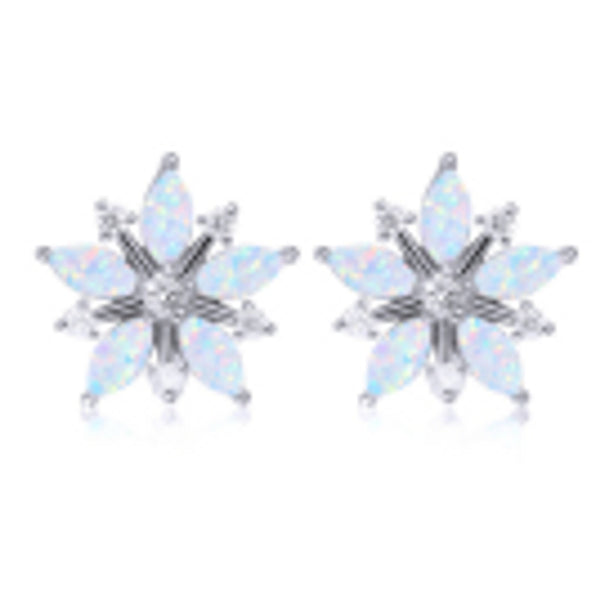 Silver-Tone White Simulated Opal Ice-Flower Stud Earrings