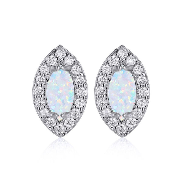 Silver-Tone Haloed White Simulated Opal Evil Eye Stud Earrings