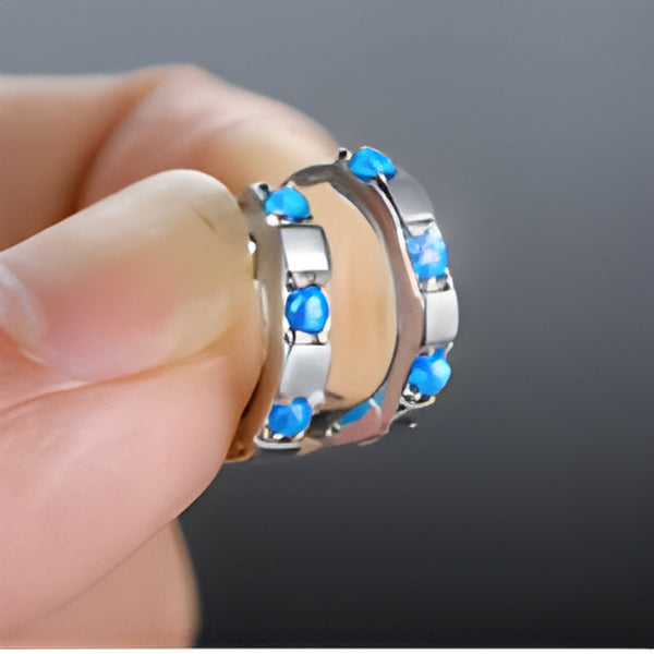 Silver-Tone Round Blue Simulated Opal Trio Huggie Hoop Earrings
