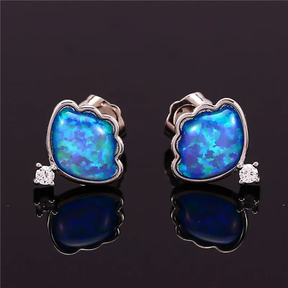 Silver-Tone Blue Simulated Opal Scalloped Shell Edge Stud Earrings