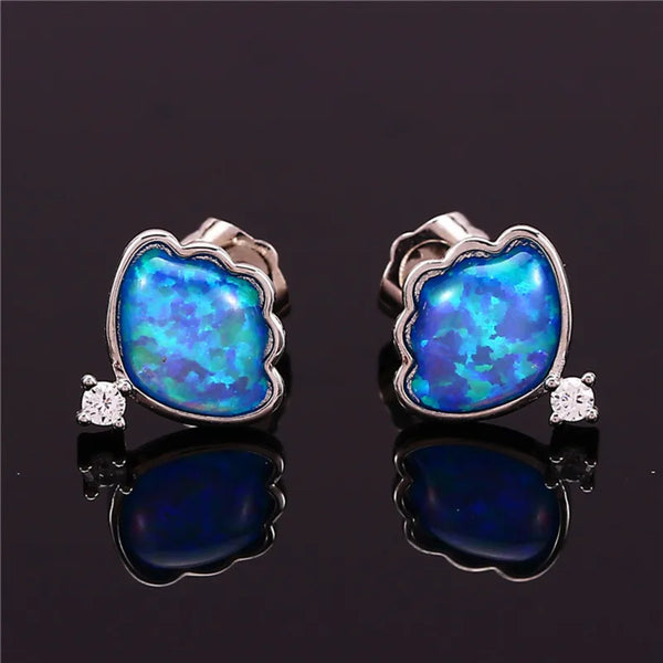 Silver-Tone Blue Simulated Opal Scalloped Shell Edge Stud Earrings