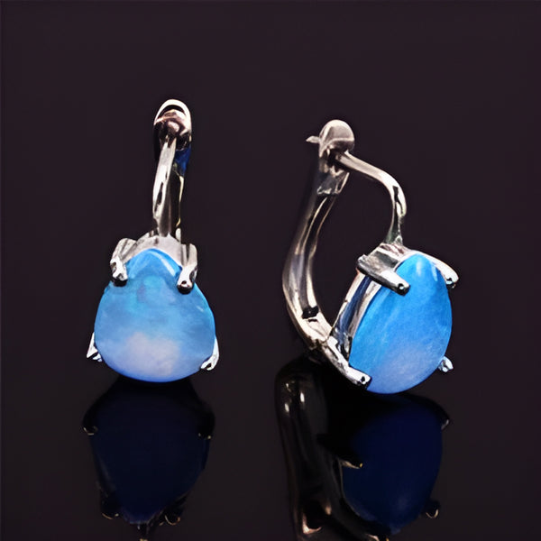 Silver-Tone Teardrop Blue Simulated Opal Four-Prong Huggie Earrings