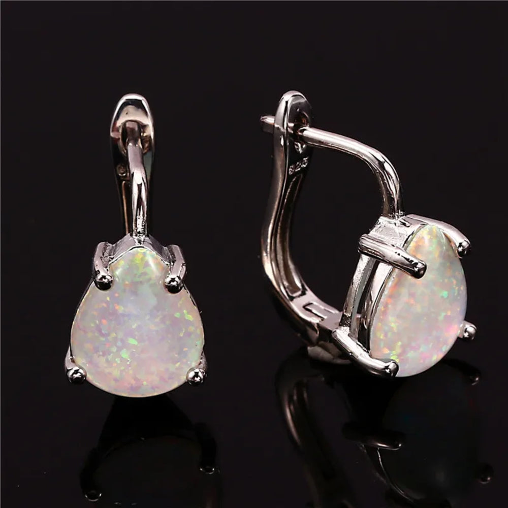 Silver-Tone White Simulated Opal Teardrop Four-Prong Huggie Earrings