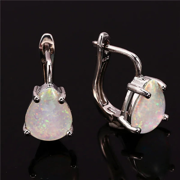 Silver-Tone White Simulated Opal Teardrop Four-Prong Huggie Earrings