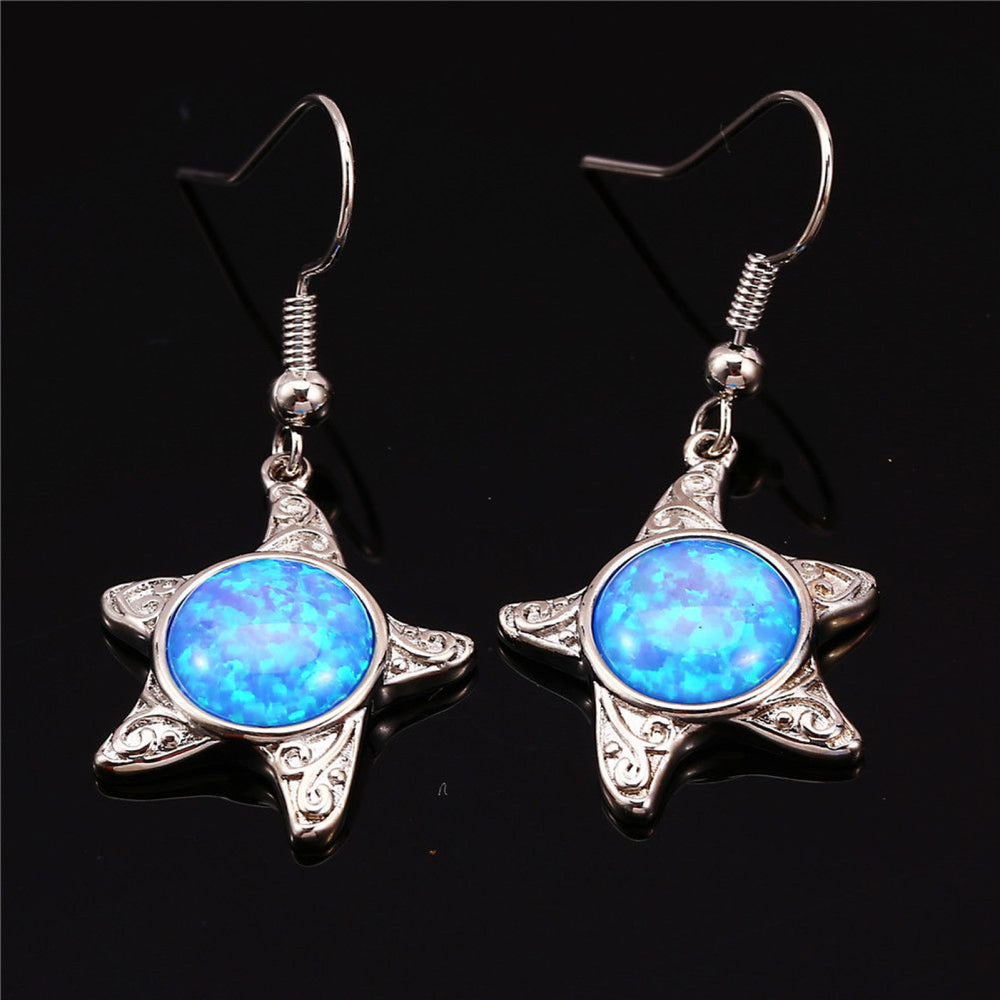 Silver-Tone Round Blue Simulated Opal Starfish Drop Earrings