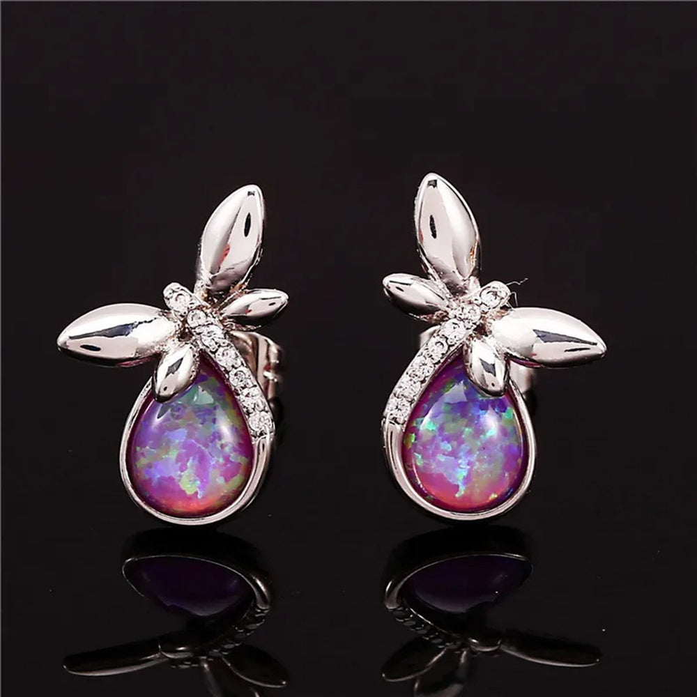 Silver-Tone Purple Teardrop Simulated Opal Dragonfly Stud Earrings