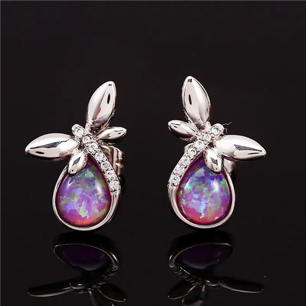 Silver-Tone Purple Teardrop Simulated Opal Dragonfly Stud Earrings