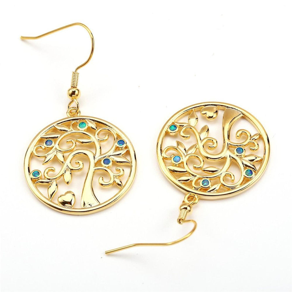 Gold-Tone Blue Simulated Opal Tree Of Life Drop Earrings