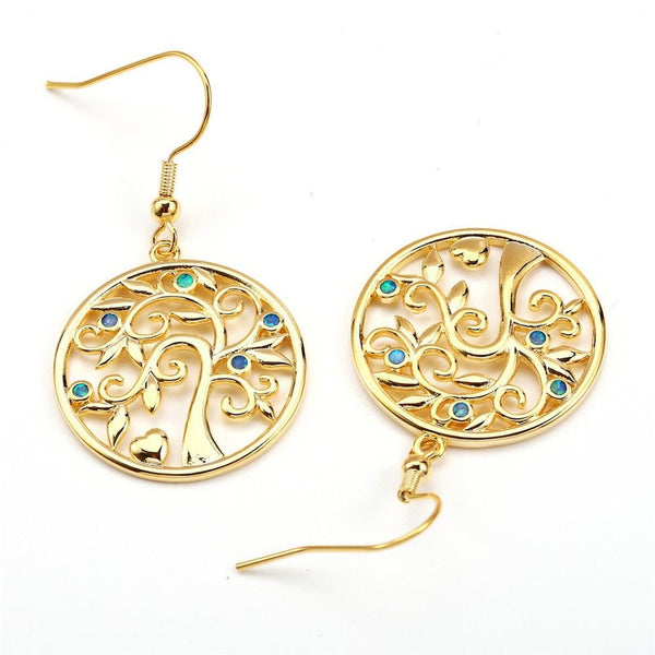 Gold-Tone Blue Simulated Opal Tree Of Life Drop Earrings
