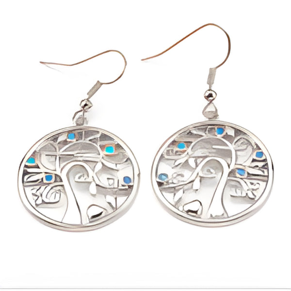 Silver-Tone Blue Simulated Opal Tree of Life Round Drop Earrings