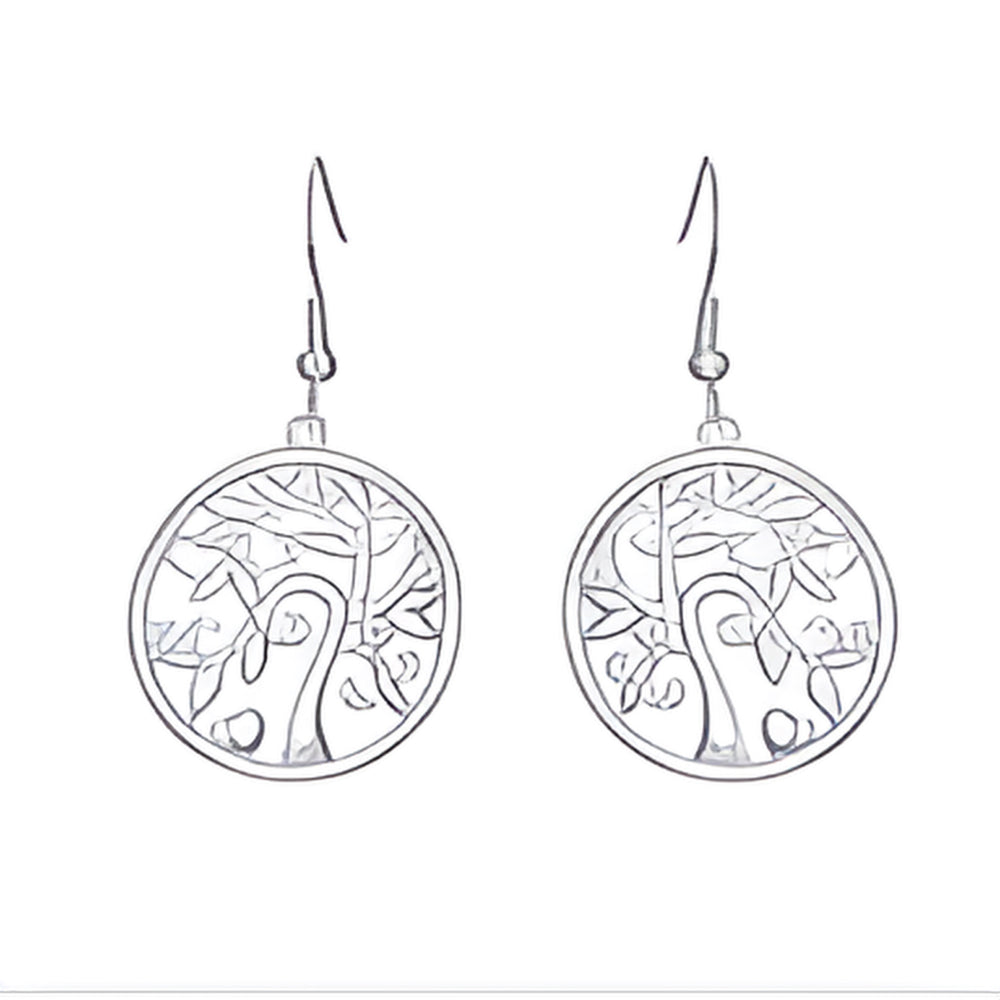 Silver-Tone White Simulated Opal Tree of Life Medallion Drop Earrings