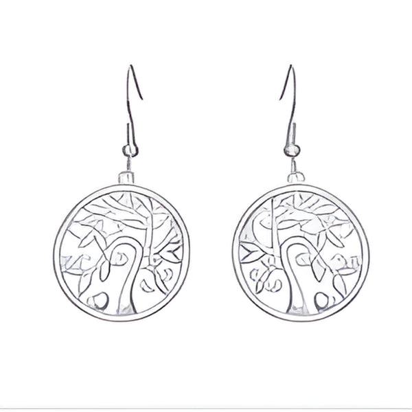 Silver-Tone White Simulated Opal Tree of Life Medallion Drop Earrings