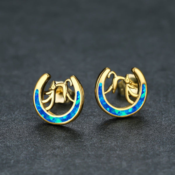 Gold-Tone Blue Simulated Opal Inlay Crescent Moon Deer Stud Earrings